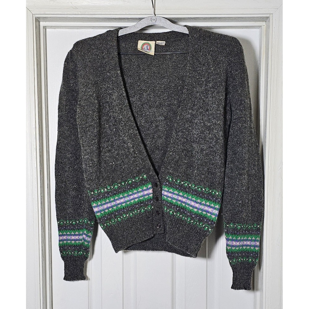 Vintage Shetland Wool Puff Sleeve Cardigan Sweater Size 40 Fair Isle Gray Large
